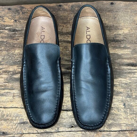 Aldo Men’s Black Leather Driving Loafers Size 9 EU 42 Slip On Moc Toe Shoes - Picture 1 of 9